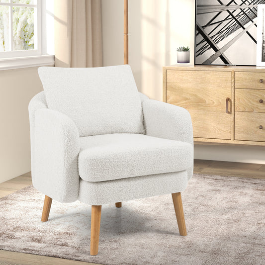 Modern Sherpa Upholstered Accent Chair with Plush Cushion and Wooden Legs – White