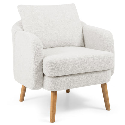 Modern Sherpa Upholstered Accent Chair with Plush Cushion and Wooden Legs – White