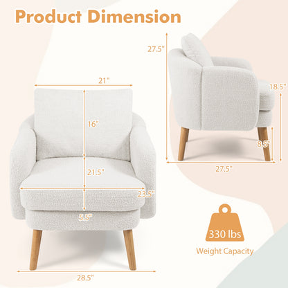 Modern Sherpa Upholstered Accent Chair with Plush Cushion and Wooden Legs – White