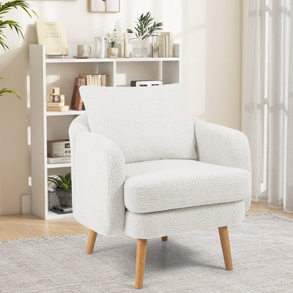 Modern Sherpa Upholstered Accent Chair with Plush Cushion and Wooden Legs – White