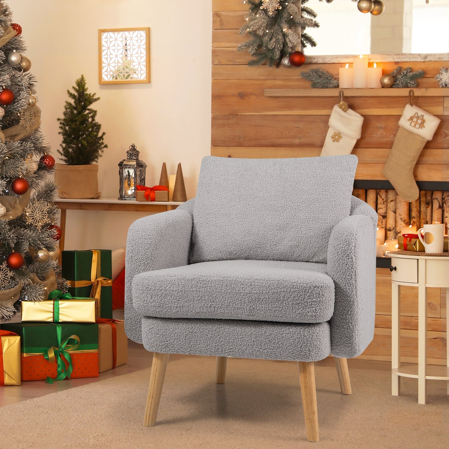 Modern Sherpa Upholstered Accent Chair with Plush Cushion and Wooden Legs – Grey