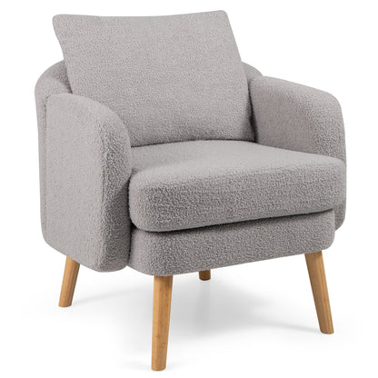 Modern Sherpa Upholstered Accent Chair with Plush Cushion and Wooden Legs – Grey