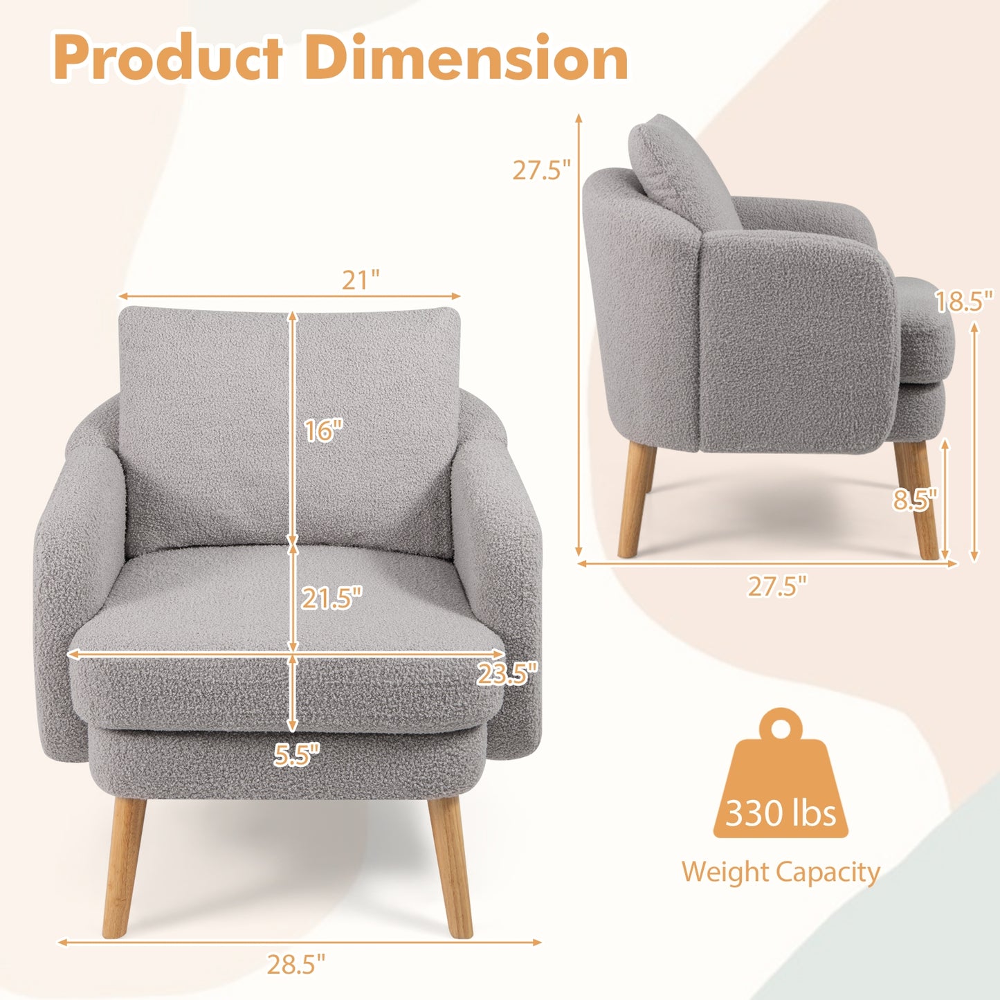Modern Sherpa Upholstered Accent Chair with Plush Cushion and Wooden Legs – Grey