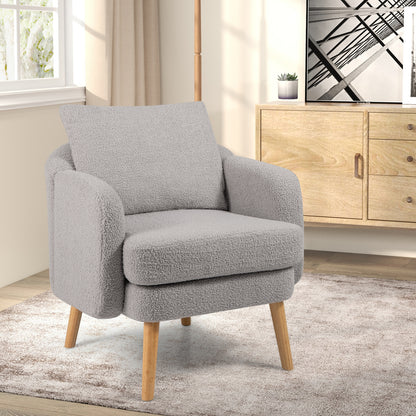 Modern Sherpa Upholstered Accent Chair with Plush Cushion and Wooden Legs – Grey