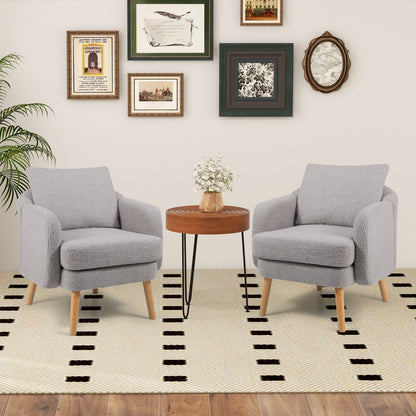 Modern Sherpa Upholstered Accent Chair with Plush Cushion and Wooden Legs – Grey