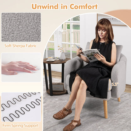 Modern Sherpa Upholstered Accent Chair with Plush Cushion and Wooden Legs – Grey