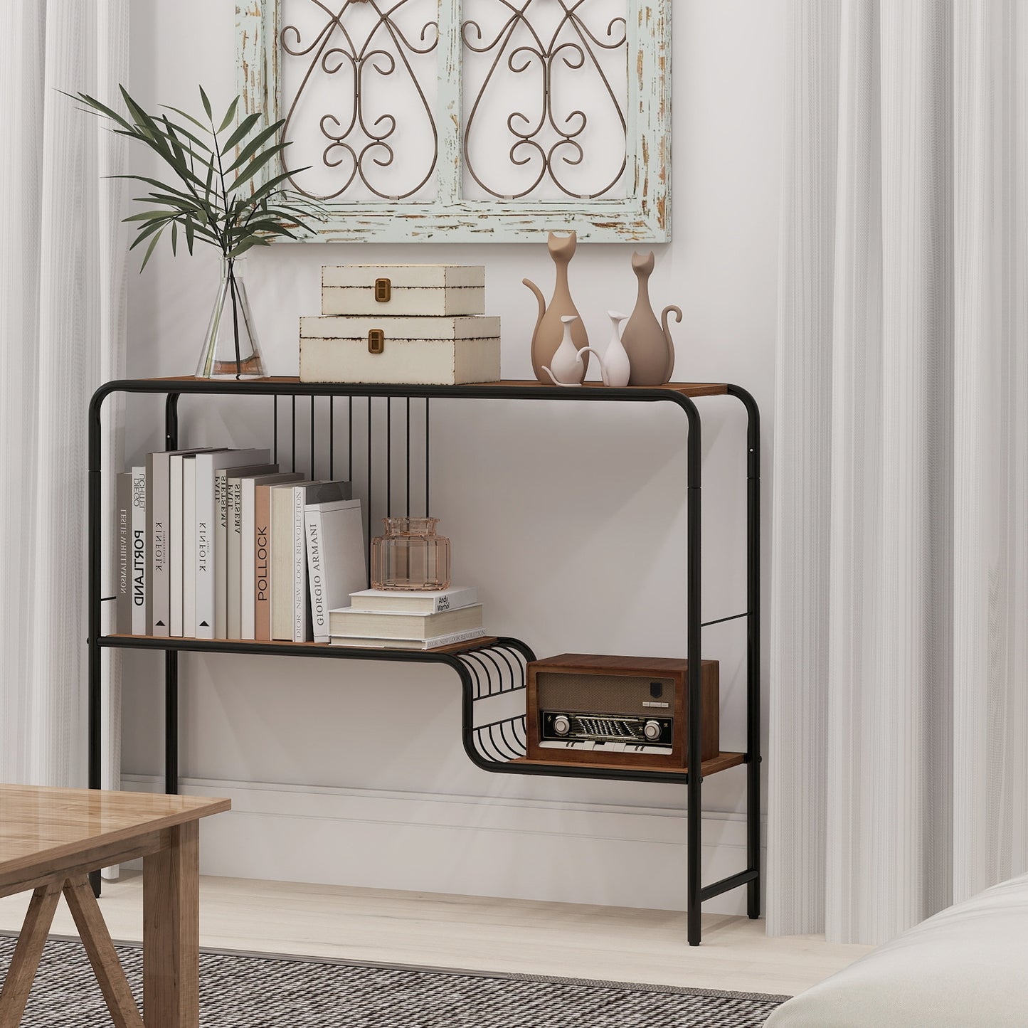Urban Chic Console Table with Dual Storage Shelves and Sleek Metal Frame for Stylish Living Spaces