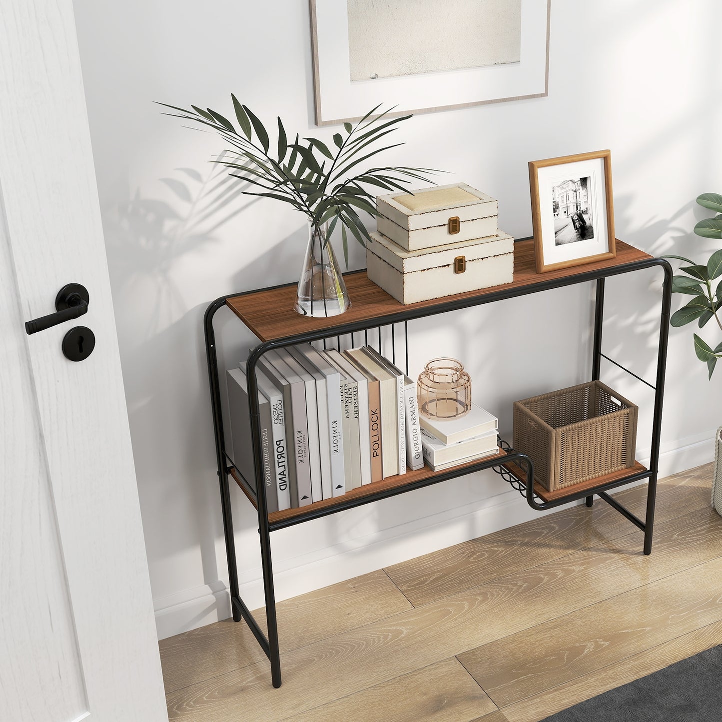 Urban Chic Console Table with Dual Storage Shelves and Sleek Metal Frame for Stylish Living Spaces