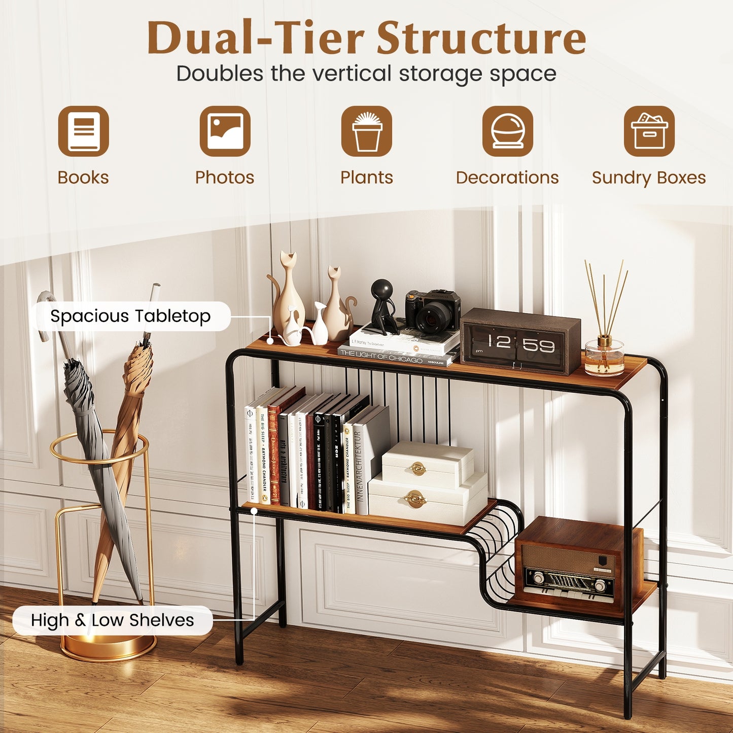 Urban Chic Console Table with Dual Storage Shelves and Sleek Metal Frame for Stylish Living Spaces
