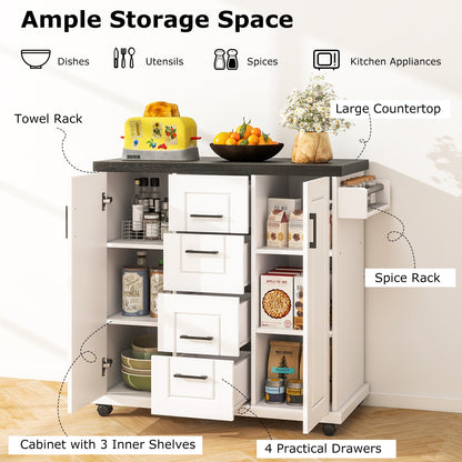 Kitchen Island Cart with Storage Drawers Wheels and Spice Rack