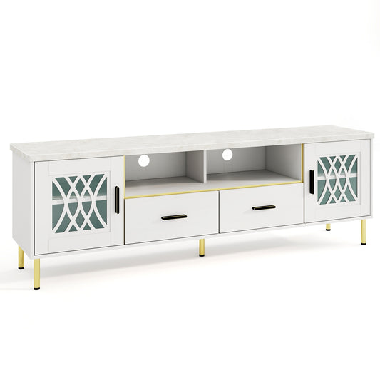 Contemporary TV Stand with Faux Marble Surface, Glass Doors and Ample Storage for 80 Inch TVs