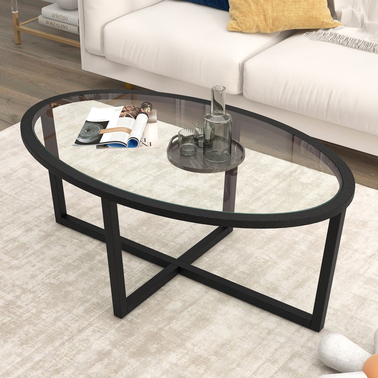 Oval Tempered Glass Coffee Table with Cross Base and Solid Acacia Wood Legs for Living Room