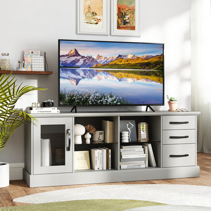 Media Console Table 63 Inch with 3 Drawers 2 Glass Shelves Supports TVs up to 73 Inches - Grey