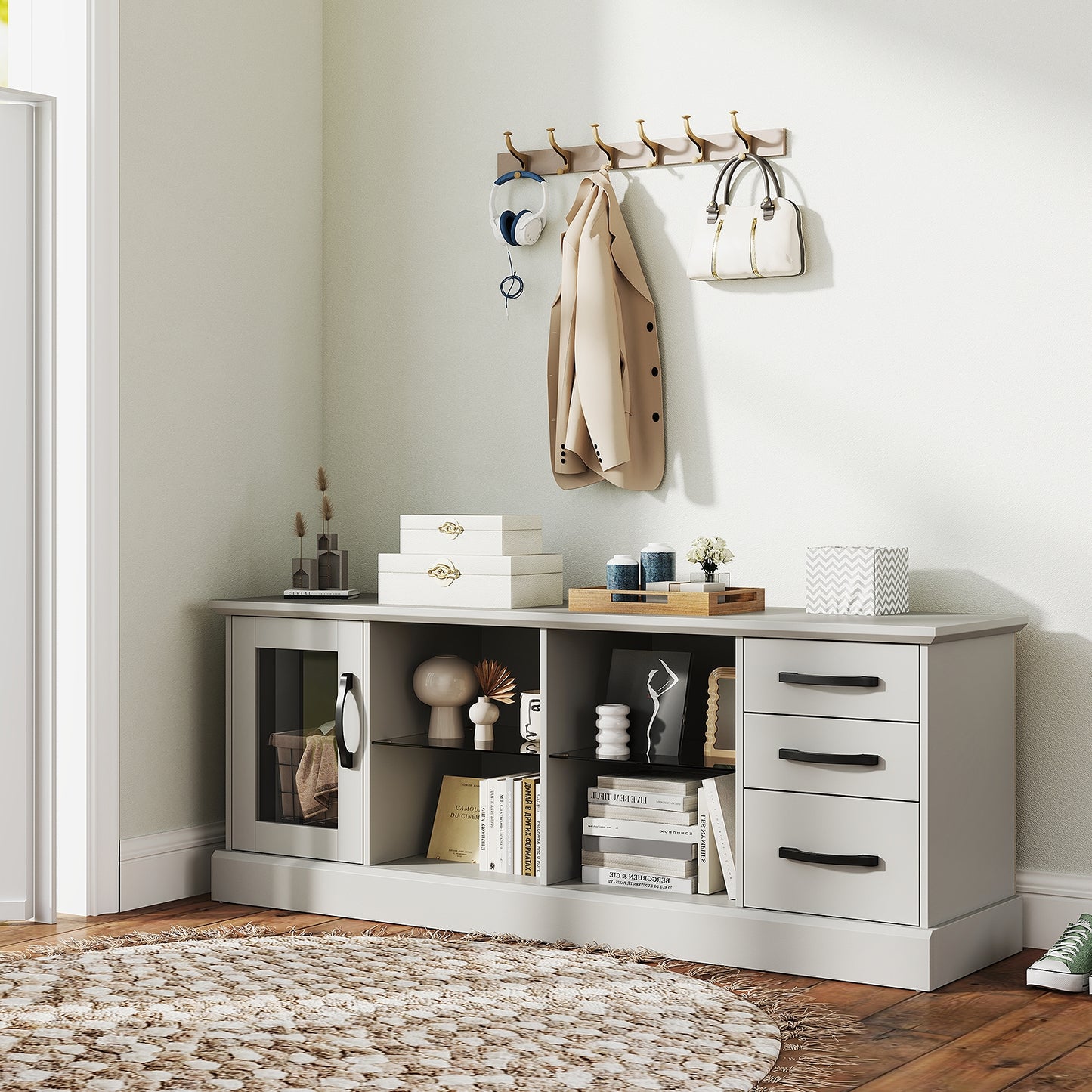 Media Console Table 63 Inch with 3 Drawers 2 Glass Shelves Supports TVs up to 73 Inches - Grey