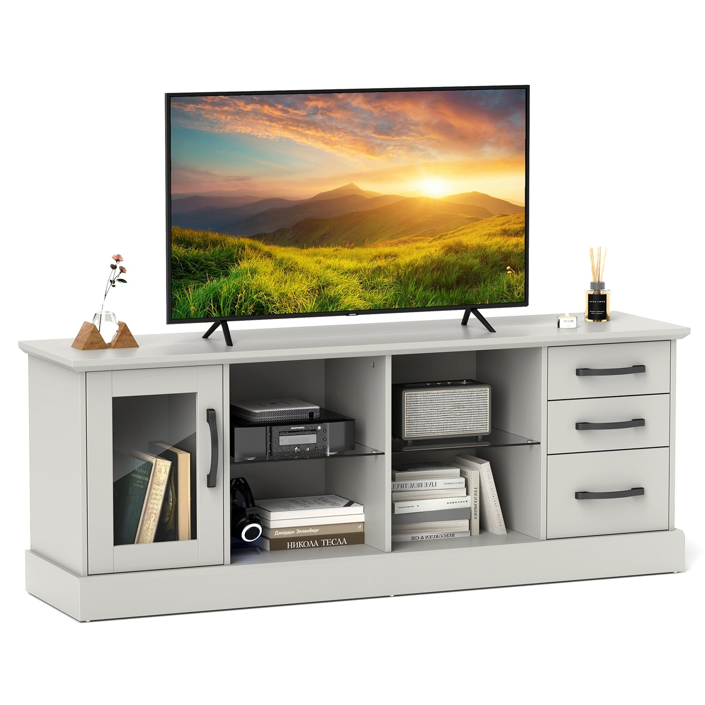 Media Console Table 63 Inch with 3 Drawers 2 Glass Shelves Supports TVs up to 73 Inches - Grey