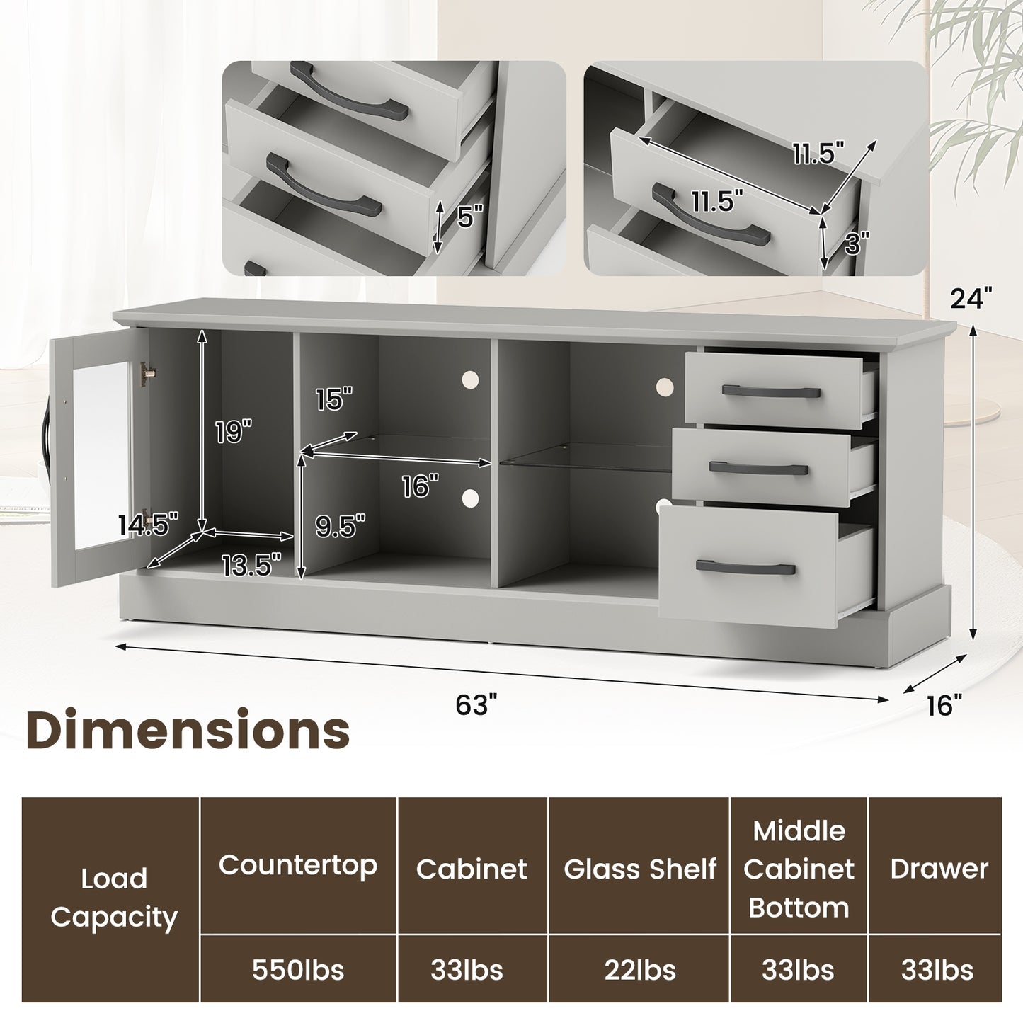 Media Console Table 63 Inch with 3 Drawers 2 Glass Shelves Supports TVs up to 73 Inches - Grey