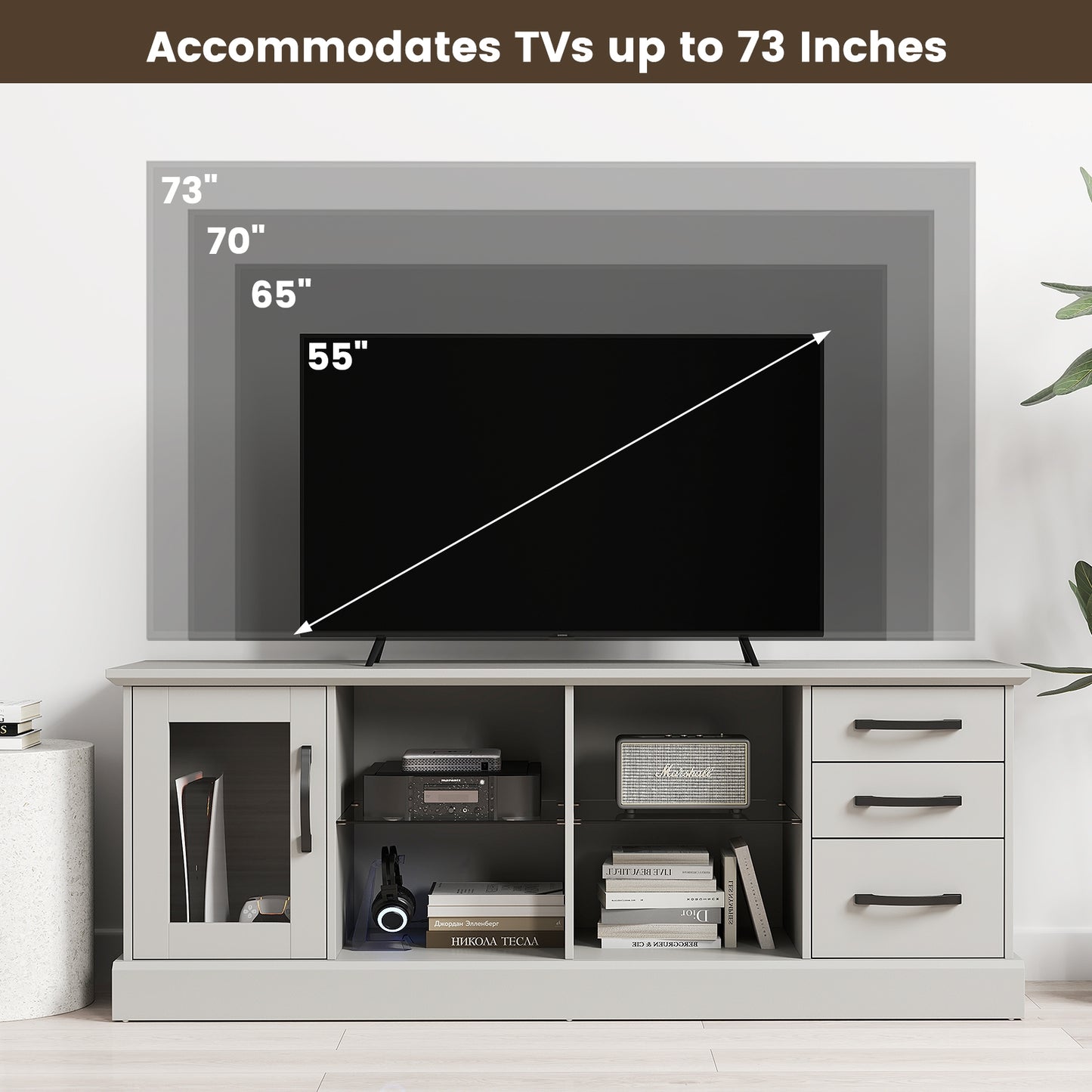 Media Console Table 63 Inch with 3 Drawers 2 Glass Shelves Supports TVs up to 73 Inches - Grey