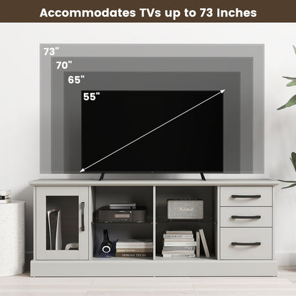 Media Console Table 63 Inch with 3 Drawers 2 Glass Shelves Supports TVs up to 73 Inches - Grey