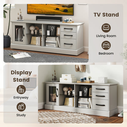 Media Console Table 63 Inch with 3 Drawers 2 Glass Shelves Supports TVs up to 73 Inches - Grey