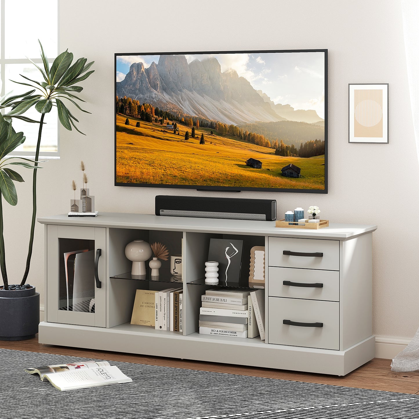 Media Console Table 63 Inch with 3 Drawers 2 Glass Shelves Supports TVs up to 73 Inches - Grey