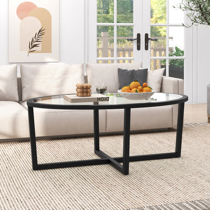 Oval Tempered Glass Coffee Table with Cross Base and Solid Acacia Wood Legs for Living Room