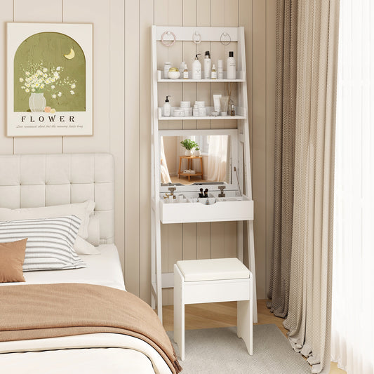 Compact Vanity Table Set with Lift-Up Mirror, Built-In Storage and Cushioned Stool
