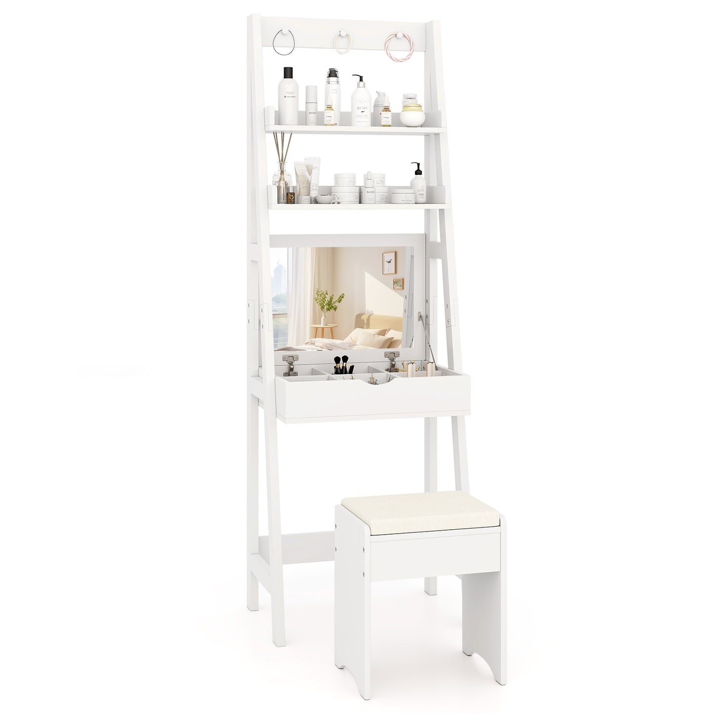 Compact Vanity Table Set with Lift-Up Mirror, Built-In Storage and Cushioned Stool