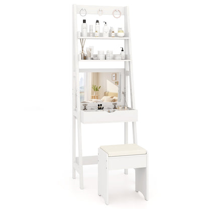 Compact Vanity Table Set with Lift-Up Mirror, Built-In Storage and Cushioned Stool