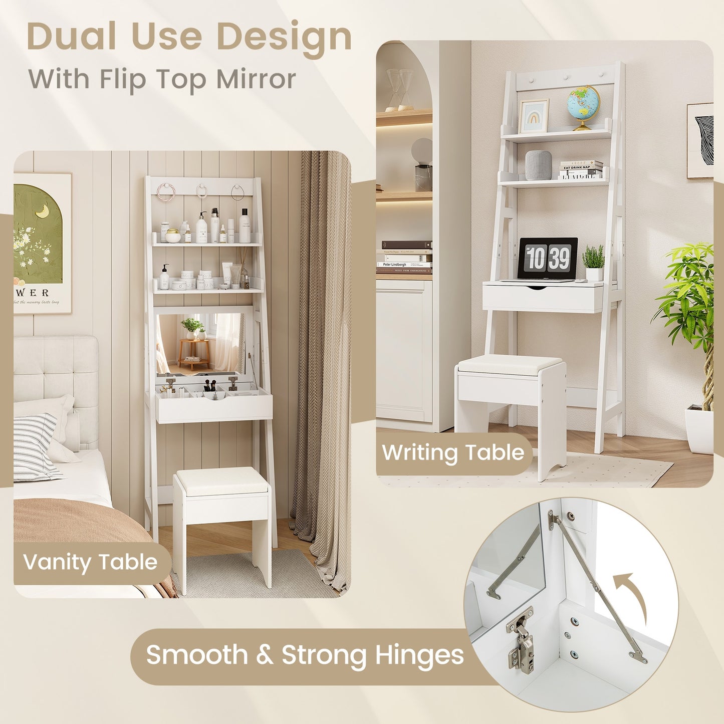 Compact Vanity Table Set with Lift-Up Mirror, Built-In Storage and Cushioned Stool