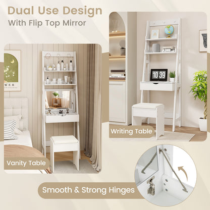Compact Vanity Table Set with Lift-Up Mirror, Built-In Storage and Cushioned Stool