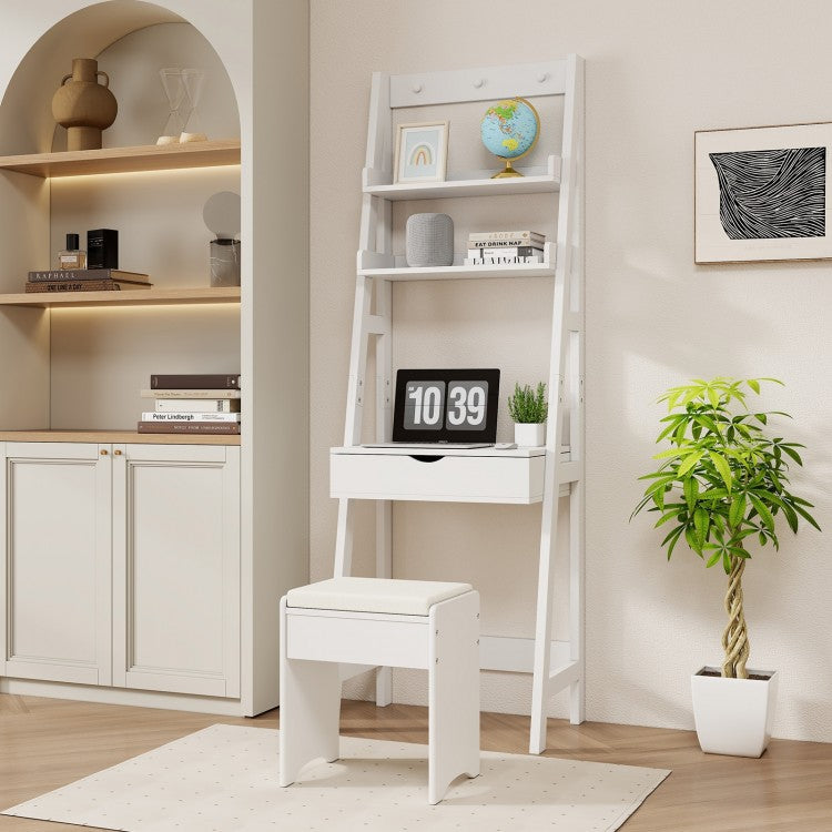Compact Vanity Table Set with Lift-Up Mirror, Built-In Storage and Cushioned Stool