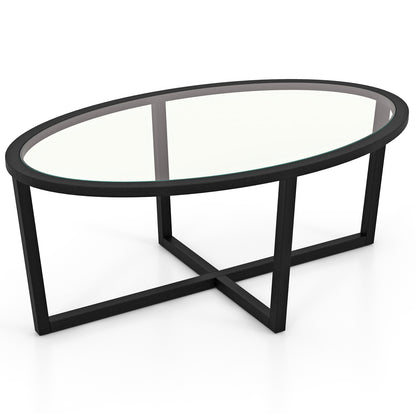 Oval Tempered Glass Coffee Table with Cross Base and Solid Acacia Wood Legs for Living Room