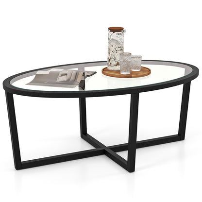 Oval Tempered Glass Coffee Table with Cross Base and Solid Acacia Wood Legs for Living Room