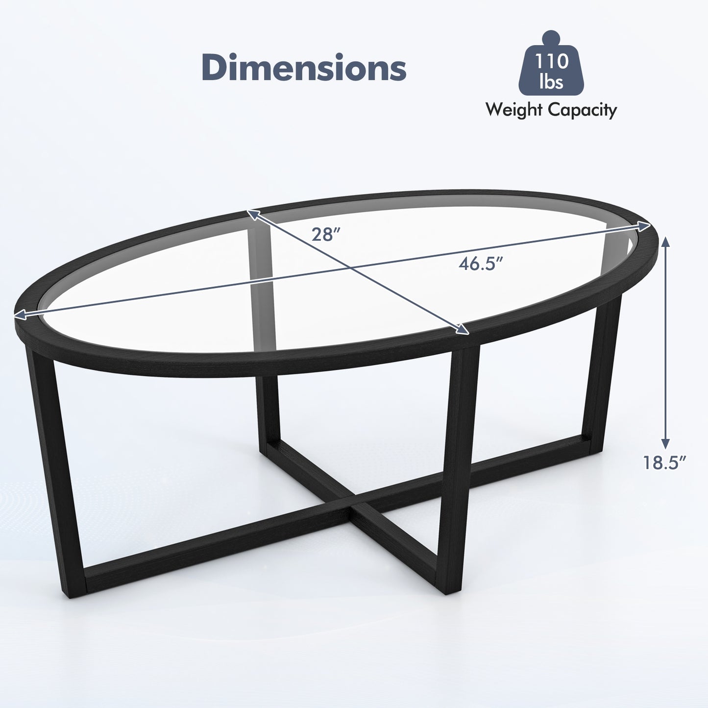 Oval Tempered Glass Coffee Table with Cross Base and Solid Acacia Wood Legs for Living Room