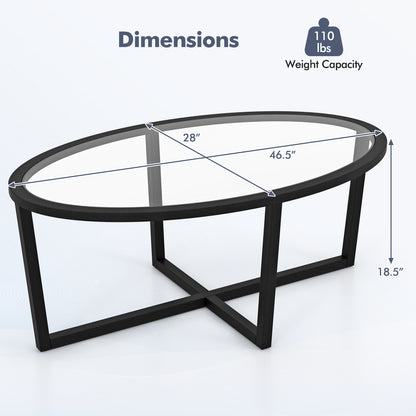 Oval Tempered Glass Coffee Table with Cross Base and Solid Acacia Wood Legs for Living Room