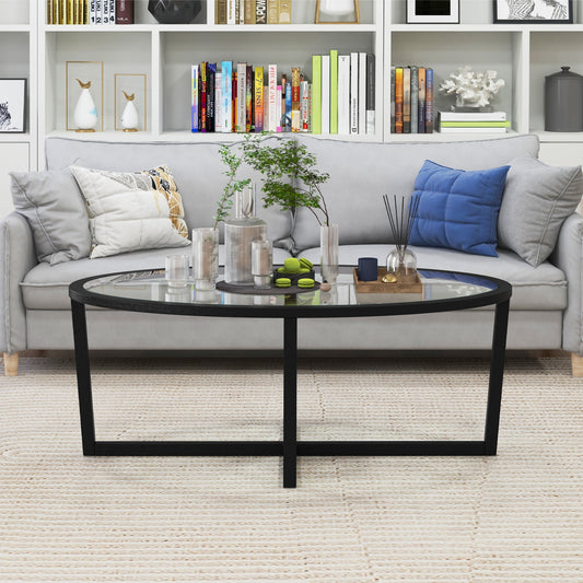 Oval Tempered Glass Coffee Table with Cross Base and Solid Acacia Wood Legs for Living Room