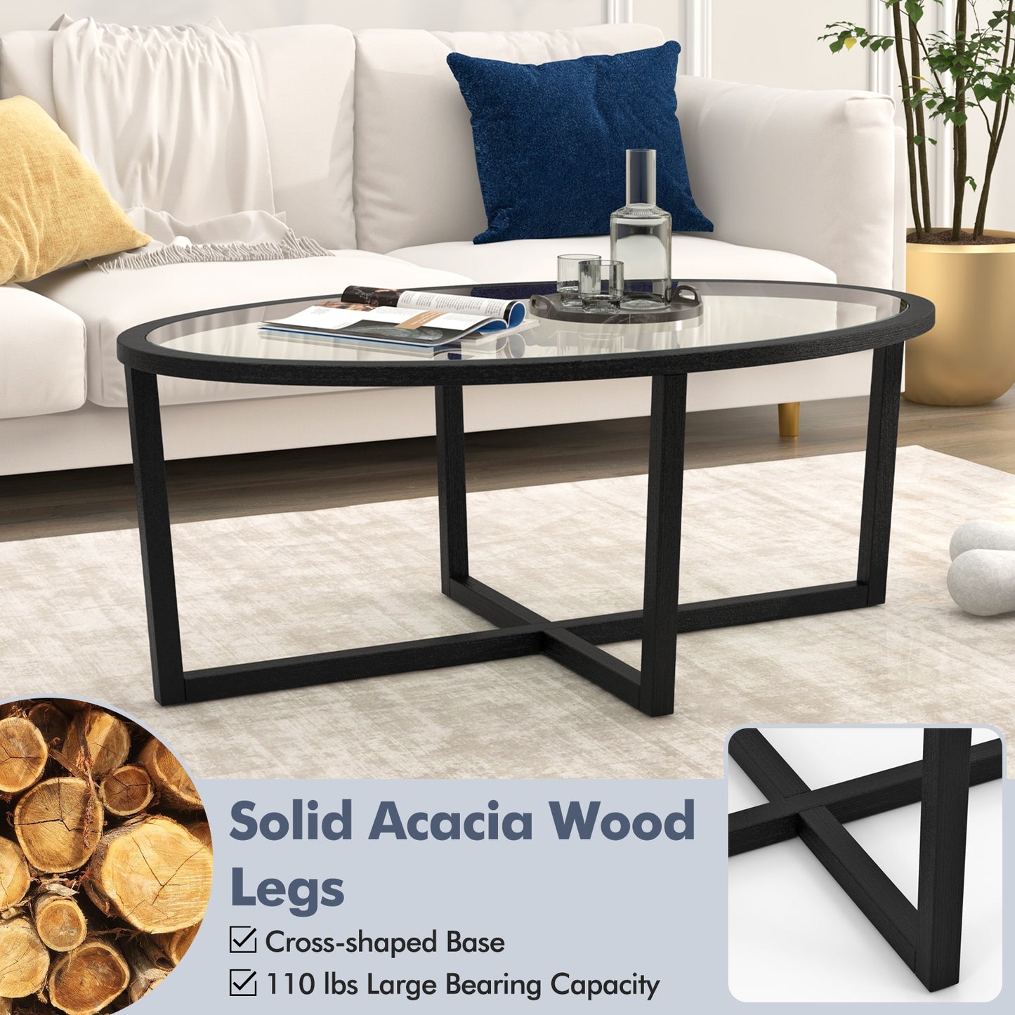 Oval Tempered Glass Coffee Table with Cross Base and Solid Acacia Wood Legs for Living Room