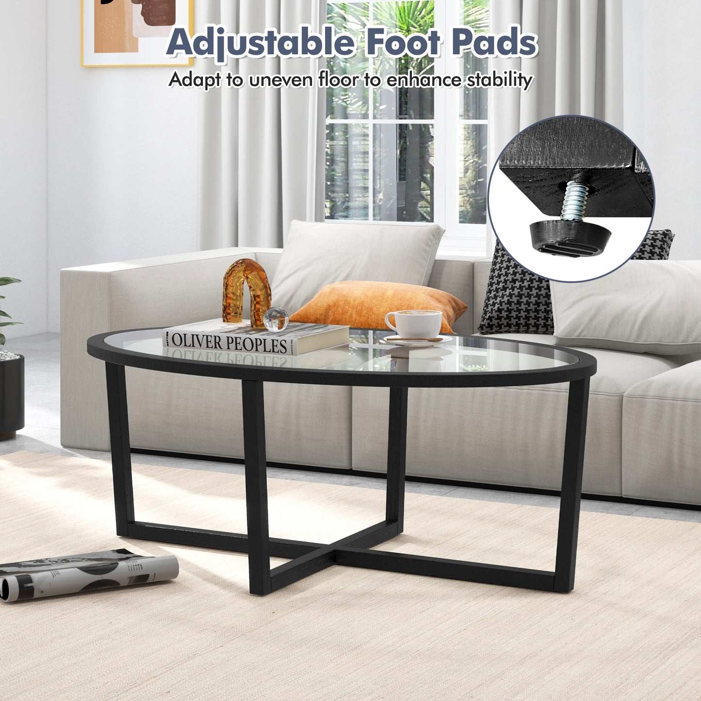 Oval Tempered Glass Coffee Table with Cross Base and Solid Acacia Wood Legs for Living Room
