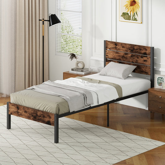 Rustic Brown Metal Platform Bed Frame with Slatted Headboard and Mute Bar – Twin Size