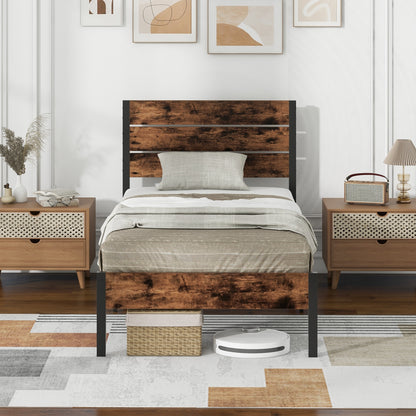 Rustic Brown Metal Platform Bed Frame with Slatted Headboard and Mute Bar – Twin Size