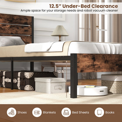 Rustic Brown Metal Platform Bed Frame with Slatted Headboard and Mute Bar – Twin Size
