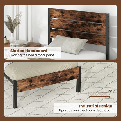 Rustic Brown Metal Platform Bed Frame with Slatted Headboard and Mute Bar – Twin Size