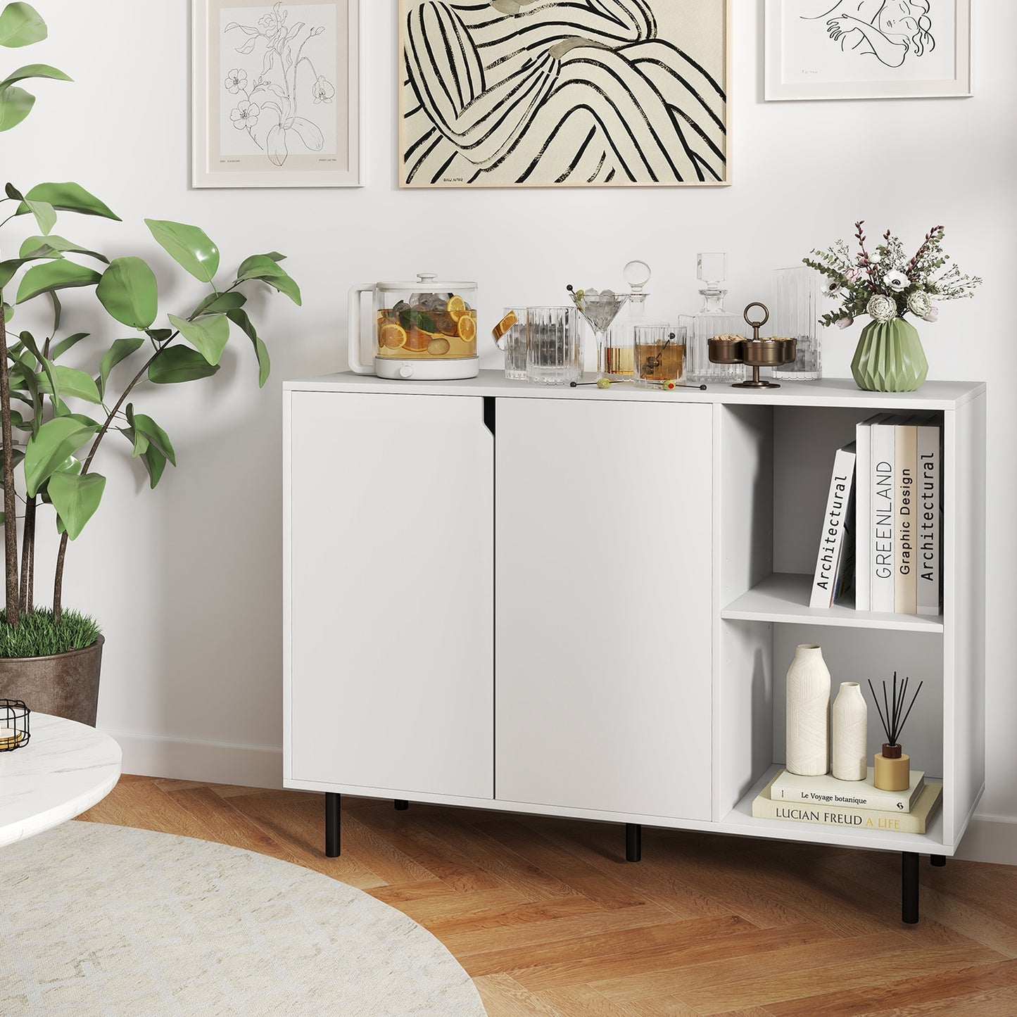 42 Inch Kitchen Sideboard Buffet Cabinet with Adjustable Storage Shelves and Spacious Countertop