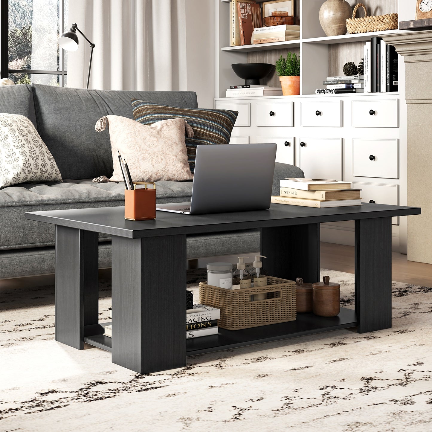 Wooden Coffee Table with Two Tier Storage Shelf Modern Black Design