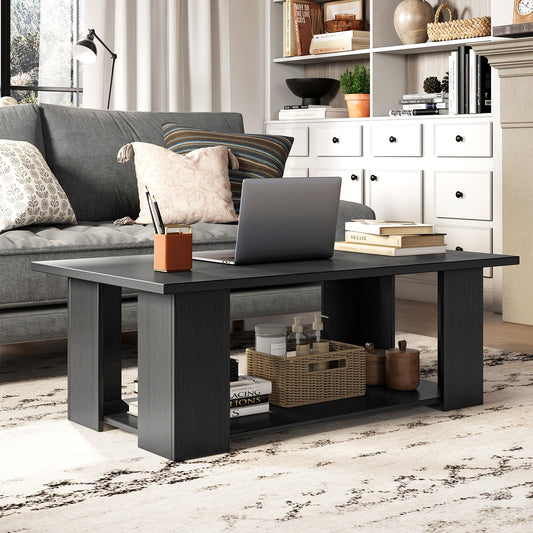 Wooden Coffee Table with Two Tier Storage Shelf Modern Black Design