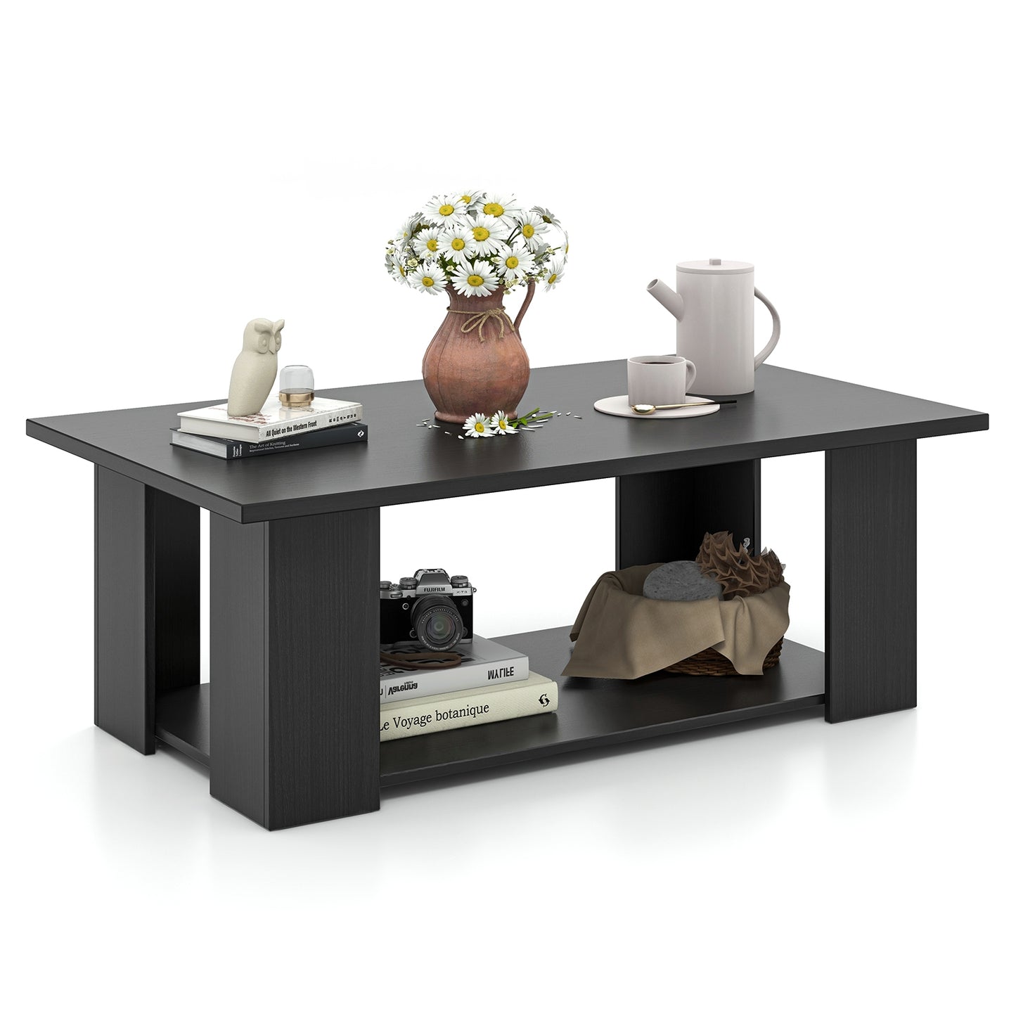 Wooden Coffee Table with Two Tier Storage Shelf Modern Black Design