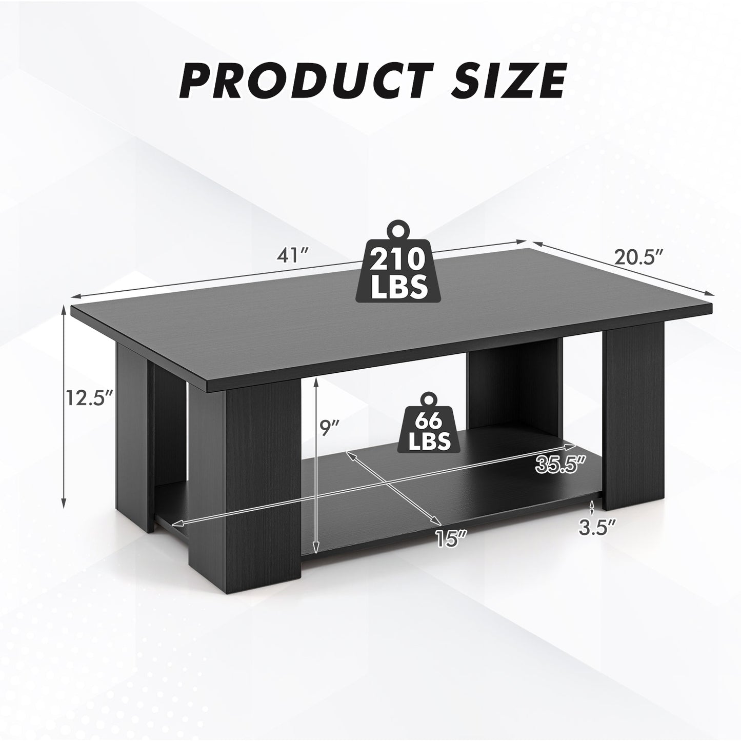 Wooden Coffee Table with Two Tier Storage Shelf Modern Black Design