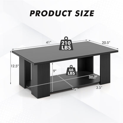 Wooden Coffee Table with Two Tier Storage Shelf Modern Black Design