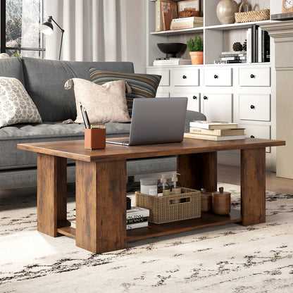 Wooden Coffee Table with Two Tier Storage Shelf Modern Brown Design