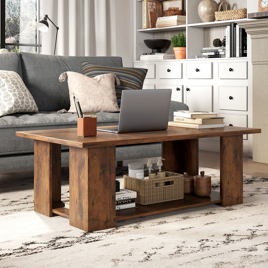 Wooden Coffee Table with Two Tier Storage Shelf Modern Brown Design
